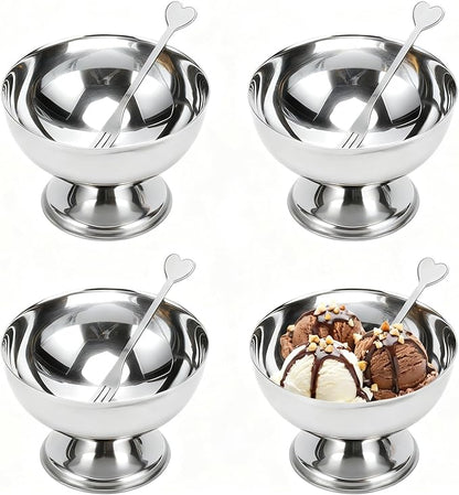 4 Pack Stainless Steel Dessert Bowls, Dessert Cups Ice Cream Cups with Footed Base, Serving Dessert Bowl for Fruit Salad, Pudding, Yogurt (silver)