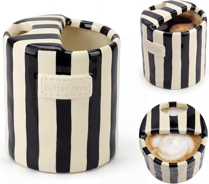 10oz Ceramic Coffee Mug with Sip Hole, Striped Espresso Cups by Nisuez