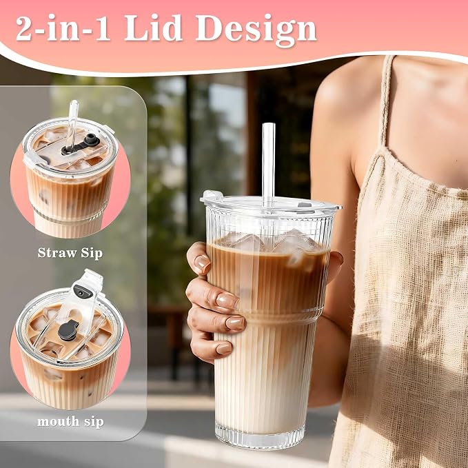 20oz Glass Tumblers with Lids and Straws, Ribbed Glassware - Image 3