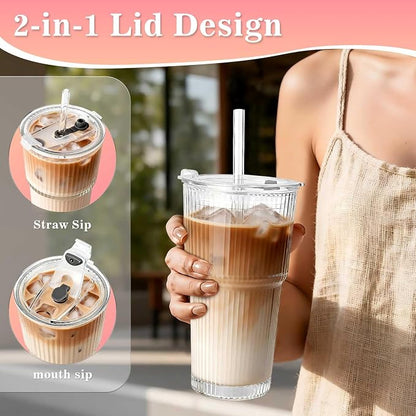 20oz Glass Tumblers with Lids and Straws, Ribbed Glassware - Image 3