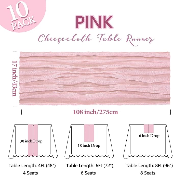 10 Pack 17 x 108 Inch Pink Table Runner Cheesecloth | Gauze Cheese Cloth - Image 2