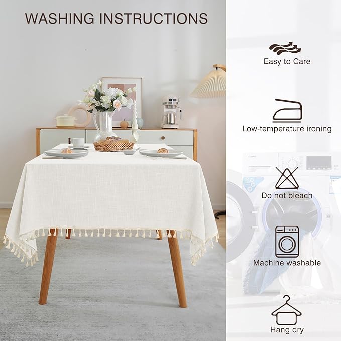 JIALE Textured Tablecloths, Heavy Duty Cotton Linen Farmhouse Table Cloth Rectangle Table, Waterproof Wrinkle-Free Rectangle Tablecloth for Kitchen, Dining, Parties, 55"x55", Ivory
