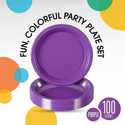 Purple Plastic Plates For Party 7" Purple Disposable Plates Heavy Duty 100 Pcs Plastic Dinnerware Sets Heavy Duty 350 GSM Disposable Dinnerware Set