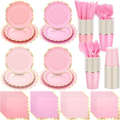 Yaomiao 168 Pcs Pink Dinnerware Sets Pink Plates Disposable Paper Plates Cups by Yaomiao