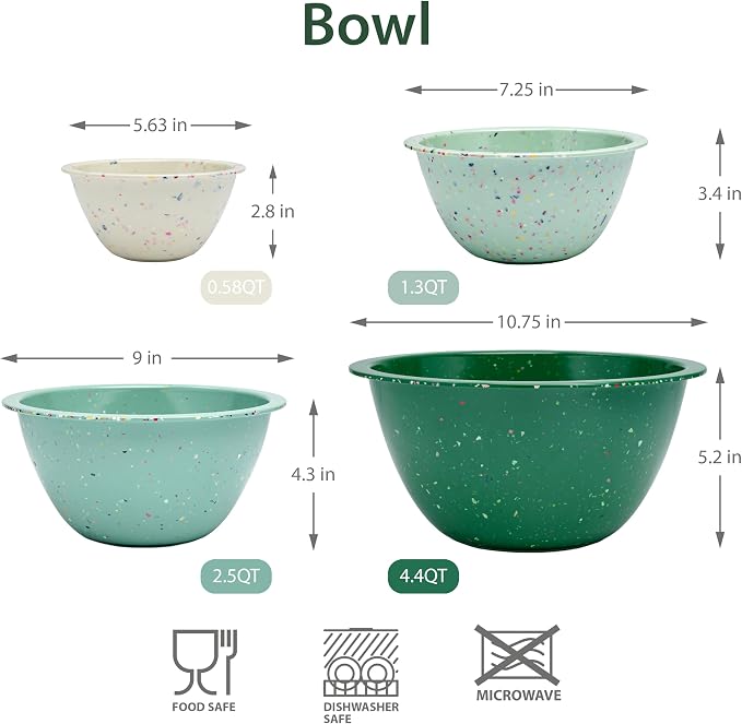 Confetti Melamine Mixing Bowls Set, 4 Piece Nesting BPA free Green | 4-Piece - Image 4