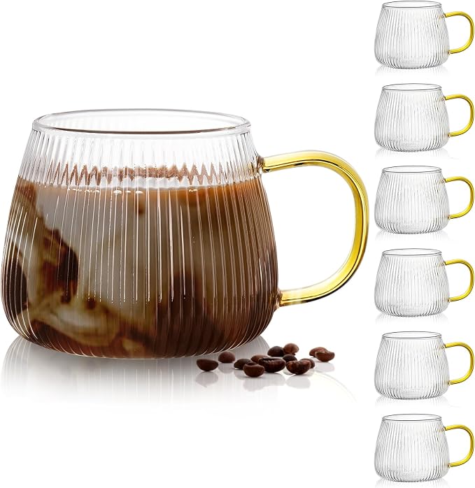 AVLA 6 Pack Glass Coffee Mugs, 16 OZ Unique Vertical Stripes Coffee Cup by AVLA