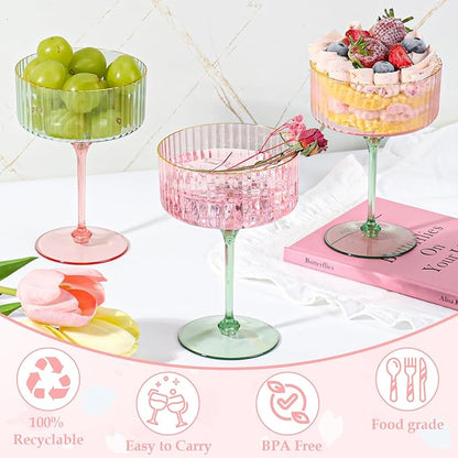 XUWAIDSGN 24Pcs Champagne Martini Glasses 9 Oz with Gilded Removable Gold Rim Coupe Glasses Pink Martini Glasses Plastic Mimosa Vintage Coupe Glasses Set For Wedding Anniversary (24, Pink & Green)