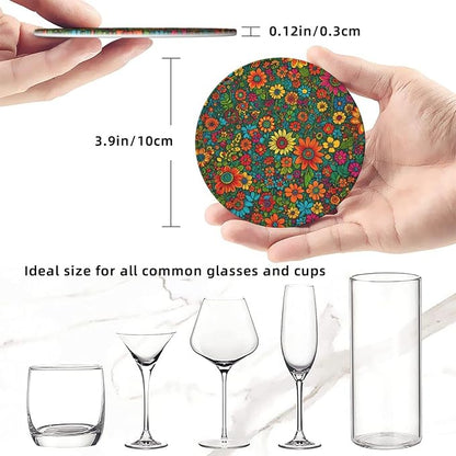 Drink Coasters with Holder Stand Set of 6, Colorful Flower Floral Print Pu - Image 3