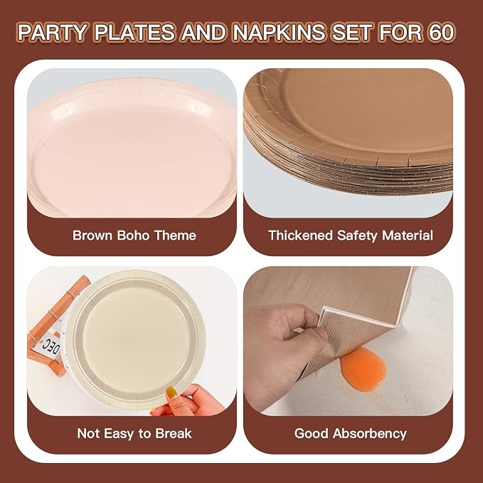 180Pcs Brown Party Supplies Boho Paper Plates and Napkins Serve 60 | Disposable - Image 3