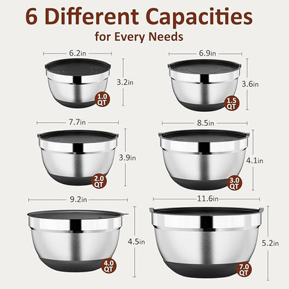 9 Pack Mixing Bowls with Airtight Lids Set, Stainless Steel Mixing Bowls with Grater Attachments, Nesting Kitchen Bowl Set with Non-Silp Bases, Size 7, 4, 3, 2, 1.5,1QT, Black