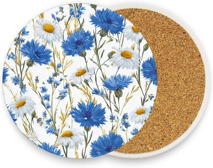 Coasters for Drinks Coaster Drink Set Decorative Coffee Table Desk Cup Mat Spring Cute Cork Bar Backing Round Home Decor Blue and White Daisy39