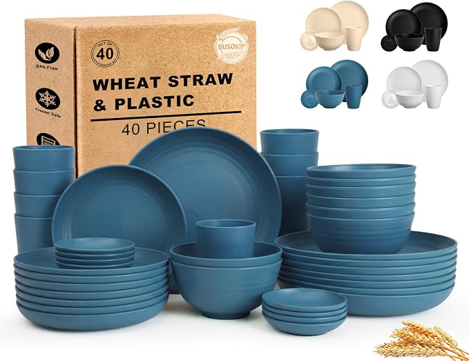 Wheat Straw Dinnerware Sets for 8, Unbreakable Bowl and Plate Set 40 Piece by BUSOKIP
