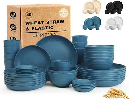Wheat Straw Dinnerware Sets for 8, Unbreakable Bowl and Plate Set 40 Piece by BUSOKIP