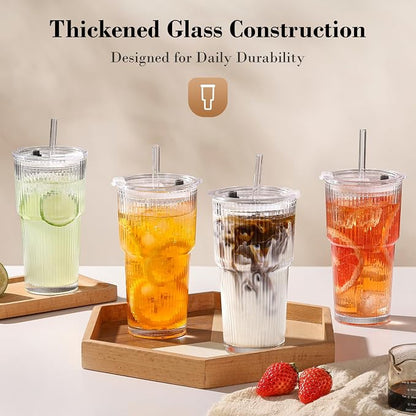 20oz Iced Coffee Cups with Lids, Ribbed Glass Cups with Lids and Straws | Thick - Image 7
