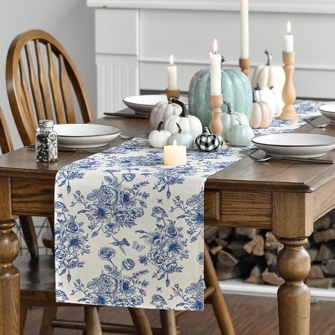 Artoid Mode Spring Beige Blue Floral Chinoiserie Table Runner, Seasonal Summer - Image 3