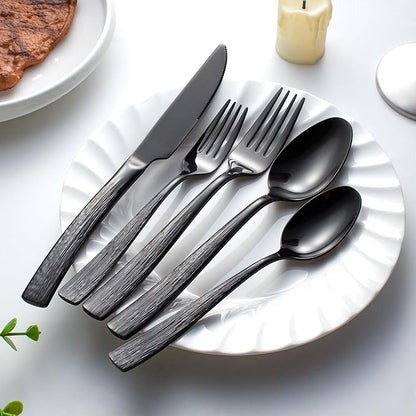 20-Piece Black Silverware Set for 4, CITESANA Heavy Duty Stainless Steel Flatware Set with Ripple Handles, Mirror Polished Kitchen Cutlery Set