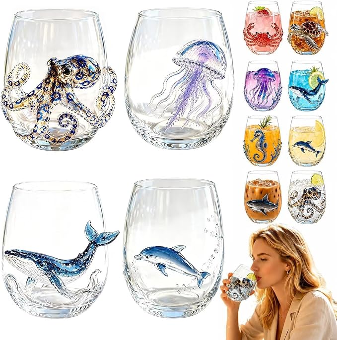 Set of 4 Classic Ocean 3D Animal Stemless Wine Glasses, Gift Pack | Artisanal by Unknown