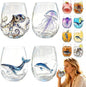 Set of 4 Classic Ocean 3D Animal Stemless Wine Glasses, Gift Pack | Artisanal by Unknown