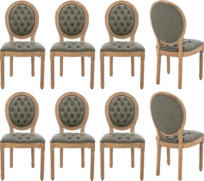 Vintage French Dining Chairs Set of 8, Round Back PU Leather Upholstered Side Chairs with Nailhead Trim and Solid Wood Frame, Sillas de Comedor for Dining Room & Kitchen, Olive Green
