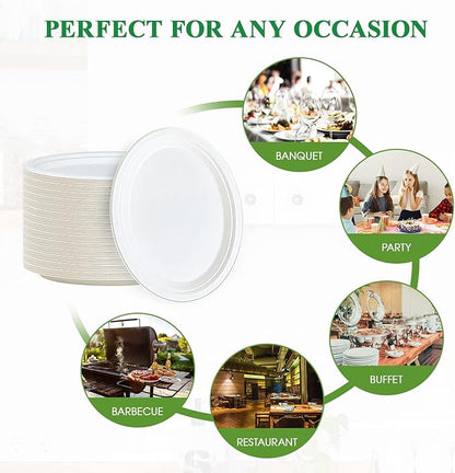 Vplus 300 Pack 100% Compostable Oval Paper Plates 12 inch Super Strong Disposable Paper Plates Bagasse Natural Biodegradable Eco-Friendly Sugarcane for BBQ, Party, Dinner, and Picnic