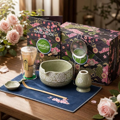 Matcha Whisk Set, 7-Pc Ceramic Matcha Bowl Kit, Bamboo Whisk, （Rose Green） | - Image 4