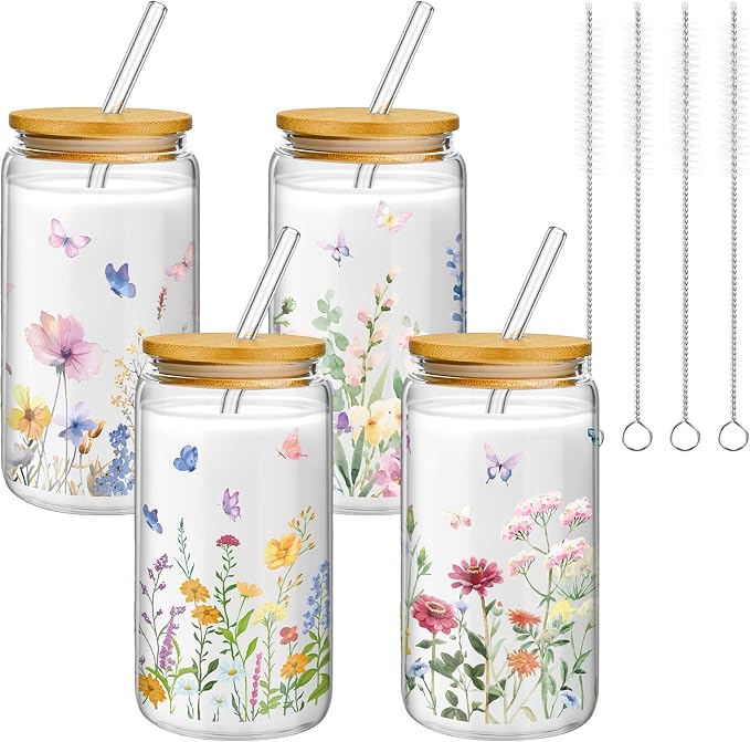 Mumufy 4 Pack Wildflower Glass Cups Gift Aesthetic Cute Glass Cup Tumbler by Mumufy