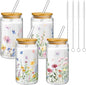 Mumufy 4 Pack Wildflower Glass Cups Gift Aesthetic Cute Glass Cup Tumbler by Mumufy