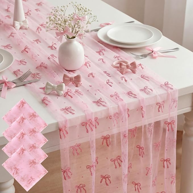 4 Pcs Pink Bow Table Runners 29 x 70 Inch Pink Tulle Lace Table Runner Coquette by Windkream