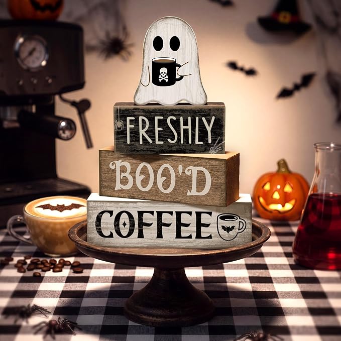 Moucuny 4 Pcs Halloween Coffee Table Decorations Cute Ghost Stacked Wooden Decor - Image 7