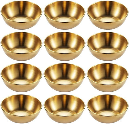 12 Pack Stainless Steel Sauce Dishes, Gold Mini Saucers Bowl Round Seasoning Dishes Sushi Dipping Bowl Appetizer Plates, 3.15inch