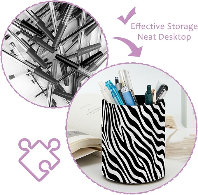 Leather Pen Holder for Desk, Zebra Print Pencil Cup Pen Organizer Makeup Brush - Image 4