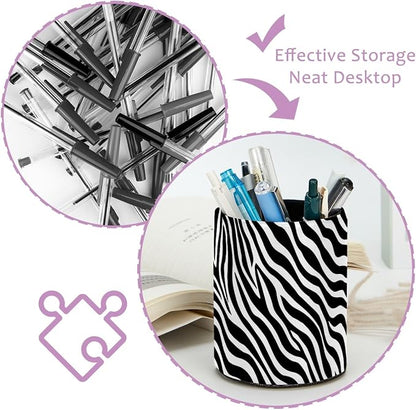 Leather Pen Holder for Desk, Zebra Print Pencil Cup Pen Organizer Makeup Brush - Image 4