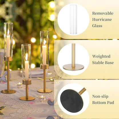 Hewory Gold Candle Holders - 6Pcs Brass Hurricane Candlestick Holders with Glass Candle Cover for Wedding Table Centerpiece Christmas Decor