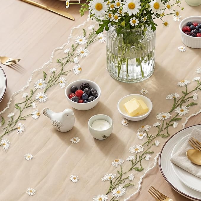 Artoid Mode Daisy Floral Beige Apricot Shaped Gauze Embroidery Table Runner 120 - Image 3