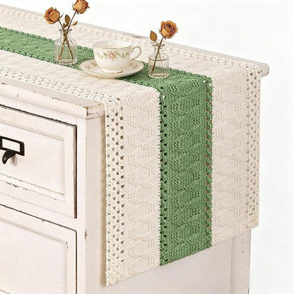 Ivory & Sage Boho Table Runner Macrame Woven Table Runner 12x72 Inch | Small - Image 2