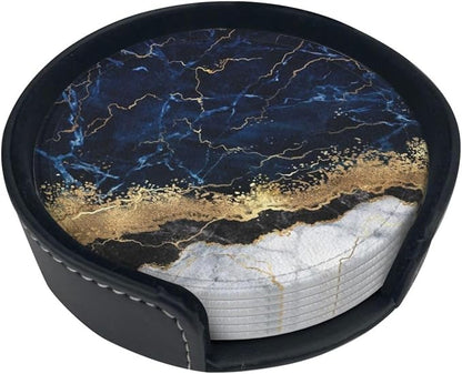 6 Pcs Gold Navy Blue Marble Leather Coasters - Image 2