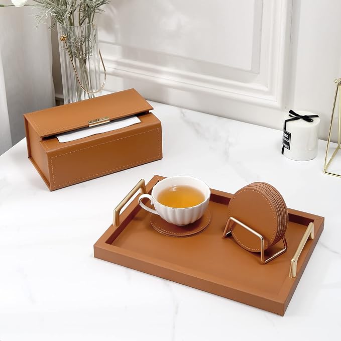CASEGRACE Drink Coasters with Metal Holder Stand Set of 6, PU Leather Absorbent - Image 7