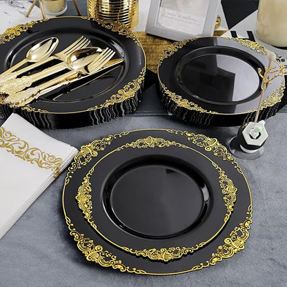 Hioasis 350pcs Black and Gold Plates - Black Party Plates for 50 Guest, Include 100 Heavy-duty Plates(20% Thicker Than Standard), 50 Pre Rolled Gold Plastic Silverware Set, 50 Cups