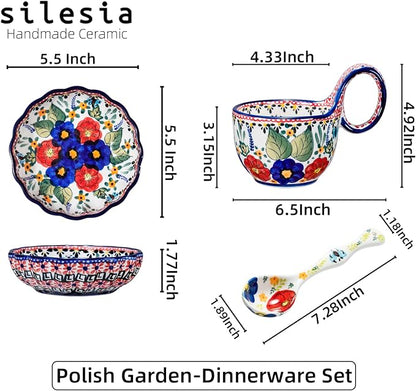 silesia Handmade Loop Handle Soup Bowl, Plate and Spoon Set Ceramic Hand - Image 8