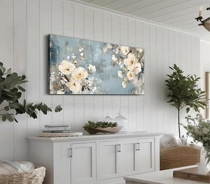 ADJUVANT Wall Art Vintage Floral 40" L x 20" W, Creamy Flowers On Distressed Blue Background Canvas Painting Blossoms Artwork Prints Floral Wall Decor for Living Room Bedroom Dining Room Home Office