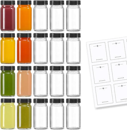 20 PACK 2 oz Glass Shot Bottles w/ Black Lids & 20 Labels by MakeLifeBetterEasier