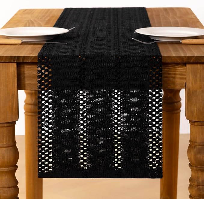 Black Boho Table Runner Farmhouse Macrame Woven Table Runner 12x60 Inch | Small - Image 3