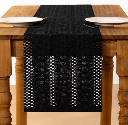 Black Boho Table Runner Farmhouse Macrame Woven Table Runner 12x90 Inch | Small - Image 3