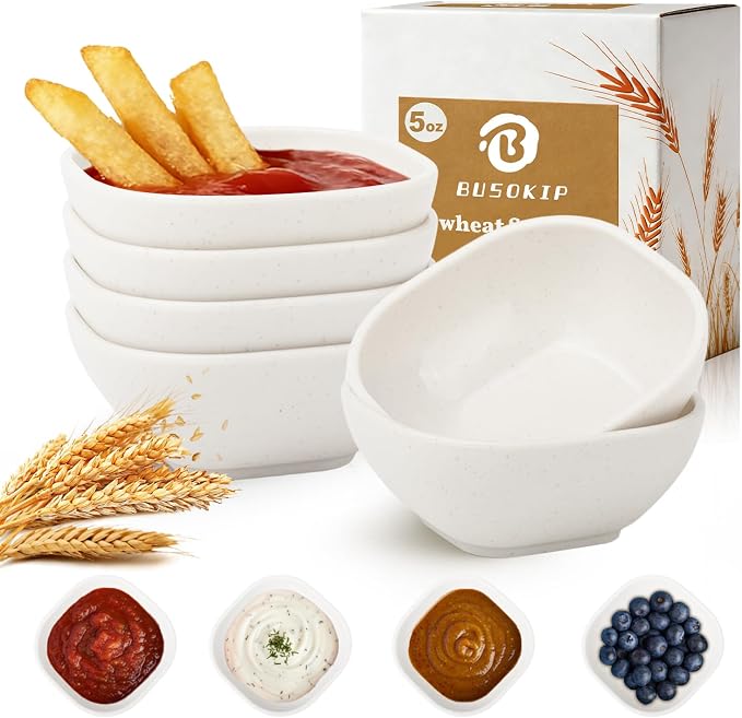 5 OZ Sauce Bowls, Unbreakable Plastic Ramekins, Dishwasher Safe Wheat Straw by BUSOKIP