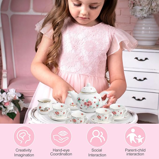 Porcelain Tea Set for Girls, Tea Party Set for Little Girls, Kids Tea Set - Image 3