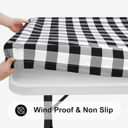 Smiry Rectangle Picnic Table Cloth, Elastic Waterproof Fitted Vinyl Tablecloths, Flannel Backed Buffalo Plaid Table Covers for Dining, Camping, Outdoor (Black and White, 36" x 48")