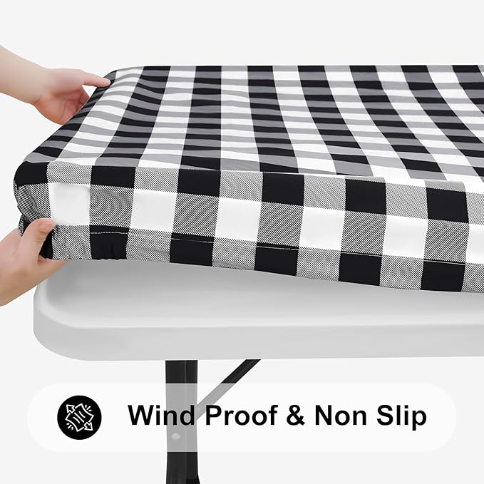 Smiry Rectangle Picnic Table Cloth, Elastic Waterproof Fitted Vinyl Tablecloths, Flannel Backed Buffalo Plaid Table Covers for Dining, Camping, Outdoor (Black and White, 36" x 72")