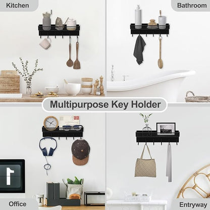 Key Holder for Wall – Decorative Stainless Steel Key Hanger with 6 Hooks for Hats, Bags, Leashes – Mail Holder Key Rack with Mounting Hardware and Guide (9.65” x 2.8” x 2.2”) (Black)