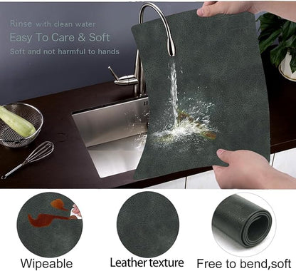Faux Leather Dining Placemats with Rounded Corners-Set of 4,Washable&Wipeable Place Mats,Waterproof&Stain Resistant Table Mats,Heat-Resistant,Non-Slip for Kitchen(Black-Grey)