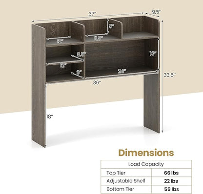 Tangkula Desktop Bookshelf for Computer Up to 32”, 37” Countertop Storage Hutch with 6 Storage Shelves, 3-Tier Desktop Organizer Display Rack, Wooden Desk Hutch for Dorm Home Office (Grey,6 Shelves)